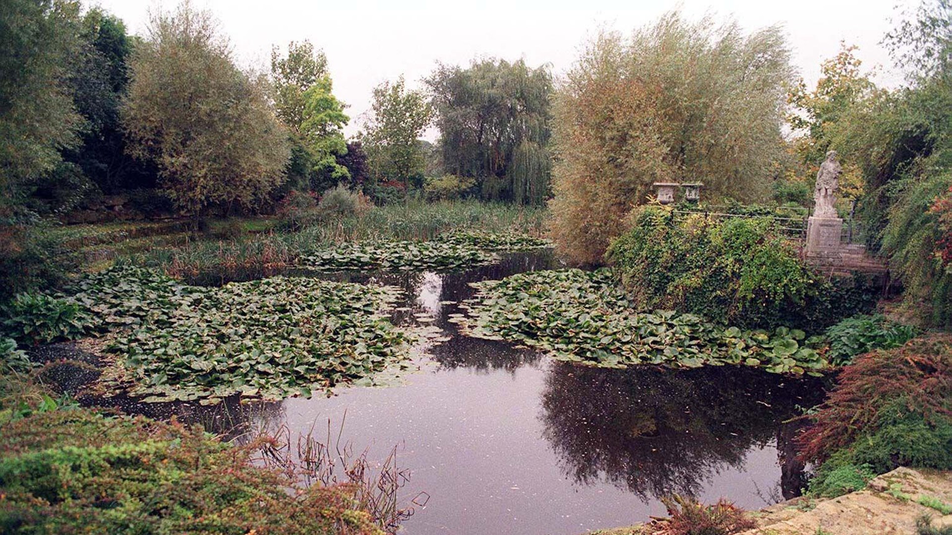 Starý mlýnský rybník znovu vytvořený mimo obývací pokoj Ray Mill House ve Wiltshire