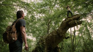 Pedro Pascal as Joel looks up at Bella Ramsey as Ellie on the dinosaur on the Last of Us Season 2.