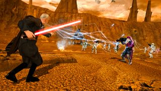 Count Dooku Force-lightnings an enemy in Star Wars: Battlefront Classic Collection.
