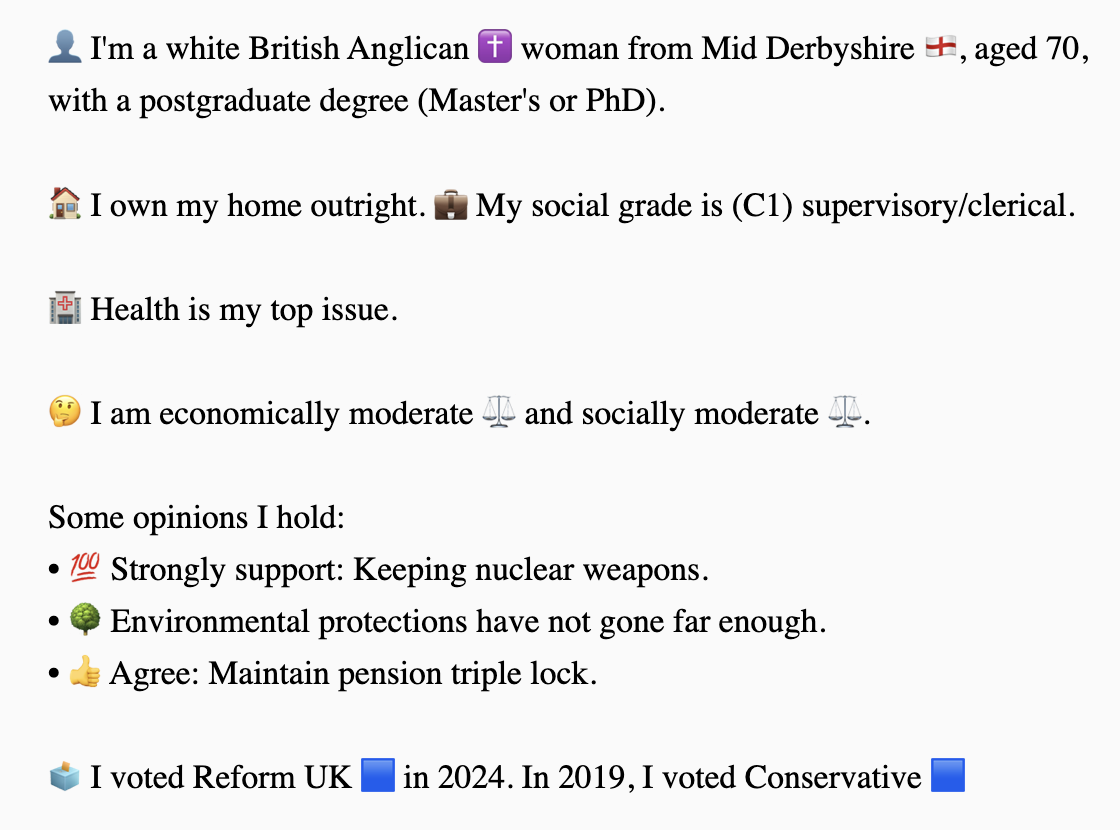 British Voter Quiz screenshot, describing a British voter.