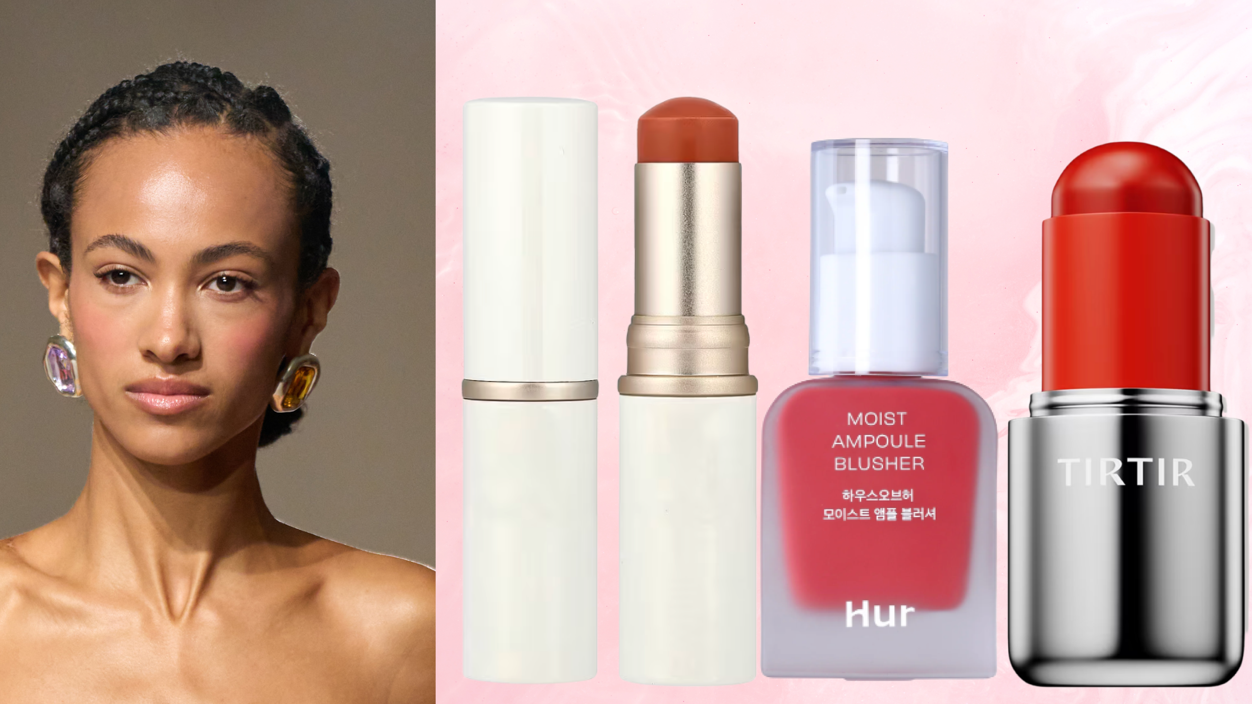 A woman with blushed cheeks and a low, braided bun next to three blush products. 