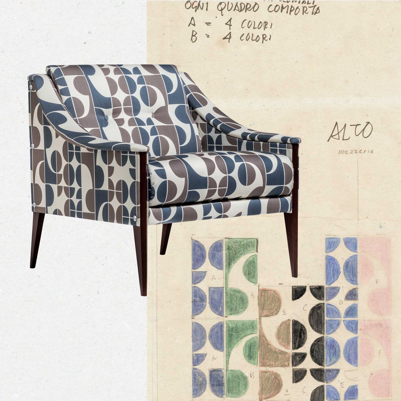 Dezza chair by Gio Ponti by Poltrona Frau with print samples in different colours