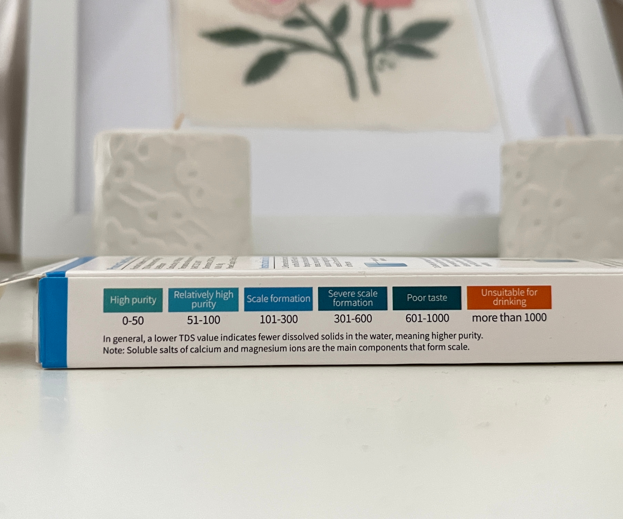 box of digital water testing kit showing scale of water quality readings