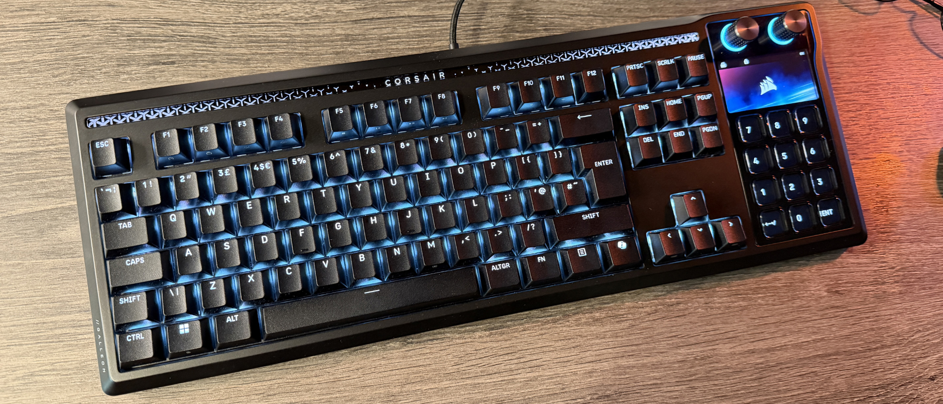 Corsair Galleon 100 SD keyboard on wooden desk