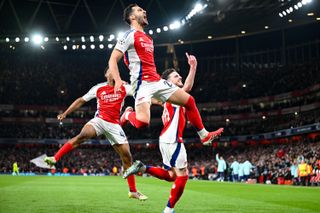 Mikel Merino celebrates after scoring for Arsenal against Real Madrid in the Champions League quarter-final first leg match at Emirates Stadium in London, England on 8 April, 2025.