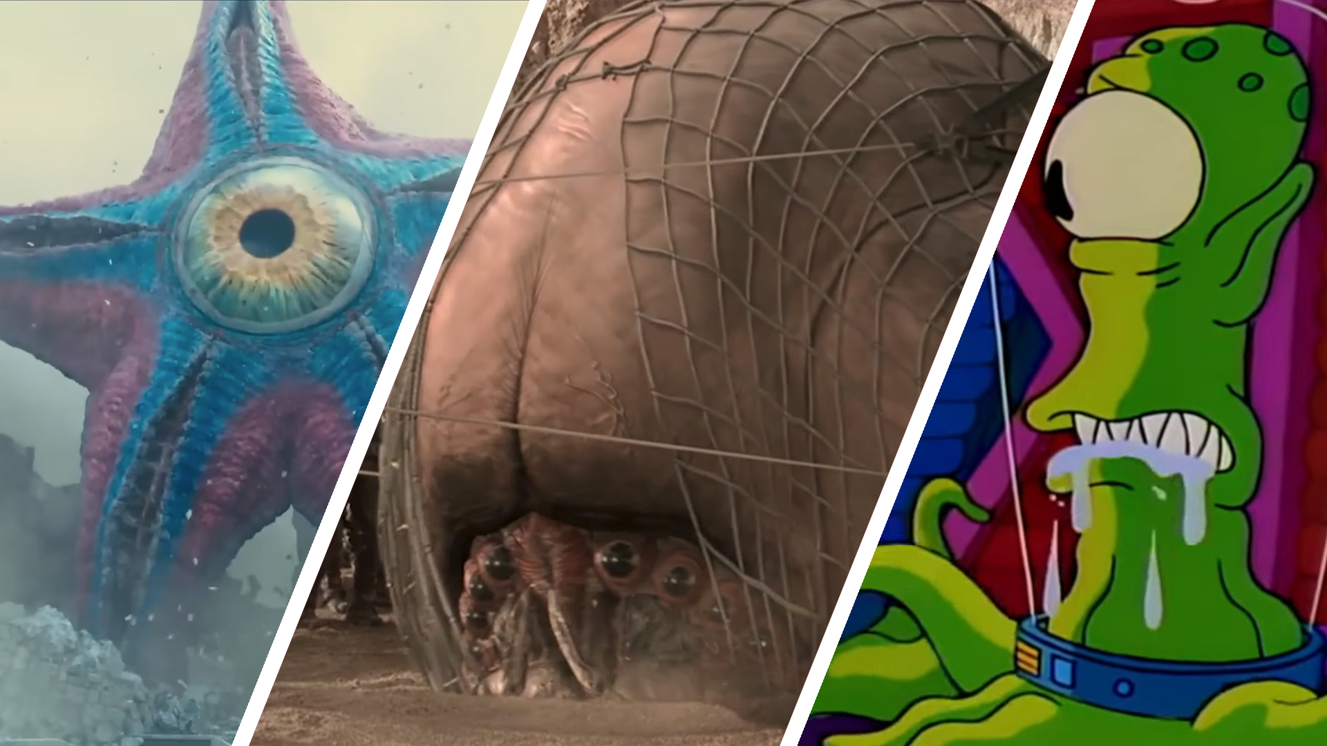 Split image showing three aliens that look nothing like humans (L-R) Starro the Conqueror from "The Suicide Squad", a Brain Bug from "Starship Troopers", and Kang (or Kodos?) from "The Simpsons".