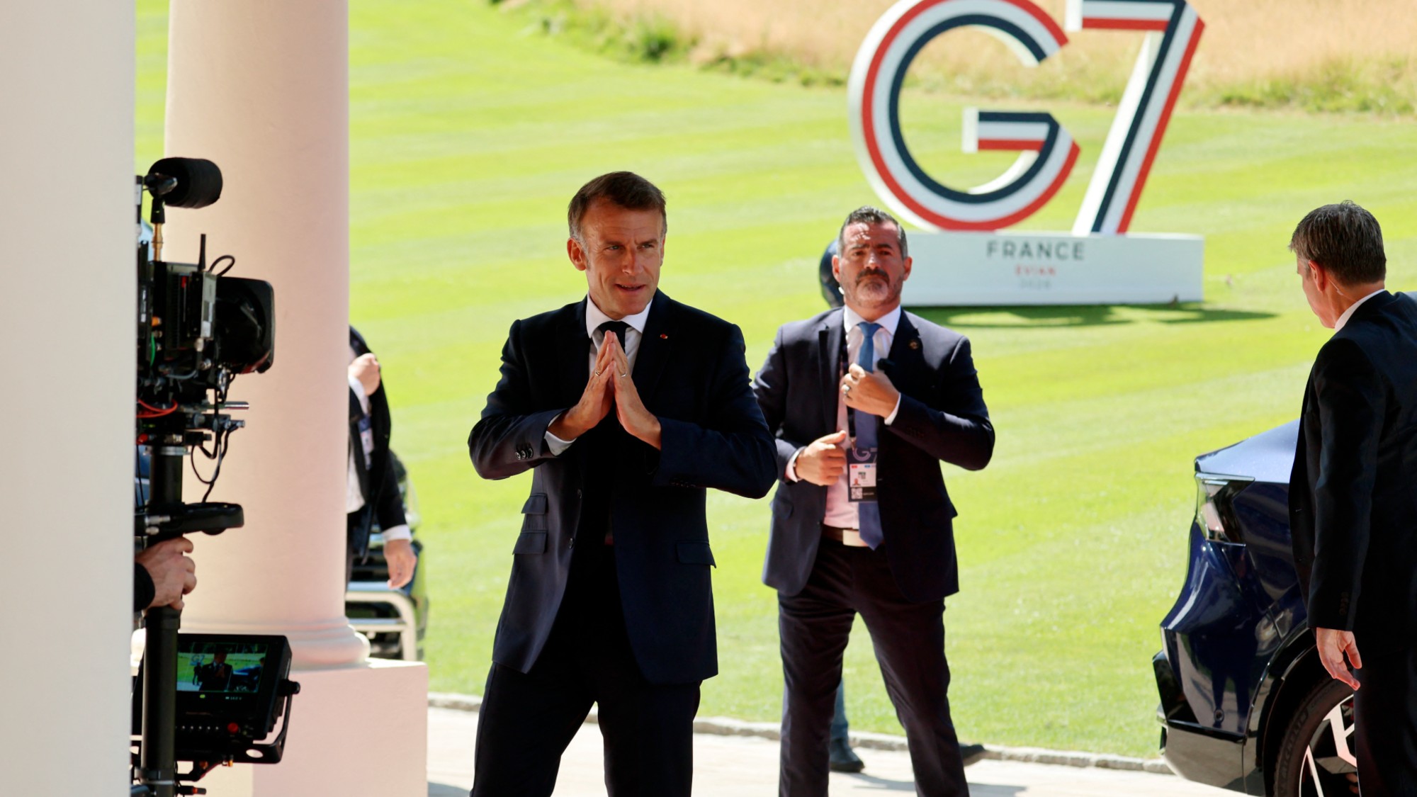 French President Emmanuel Macron arrives at the 2026 G7 summit. 