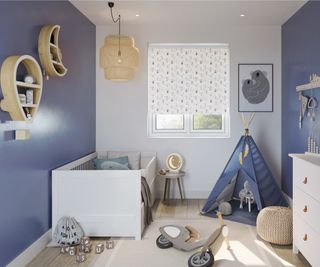 room with white bed, play teepee, blue walls and toys on floor