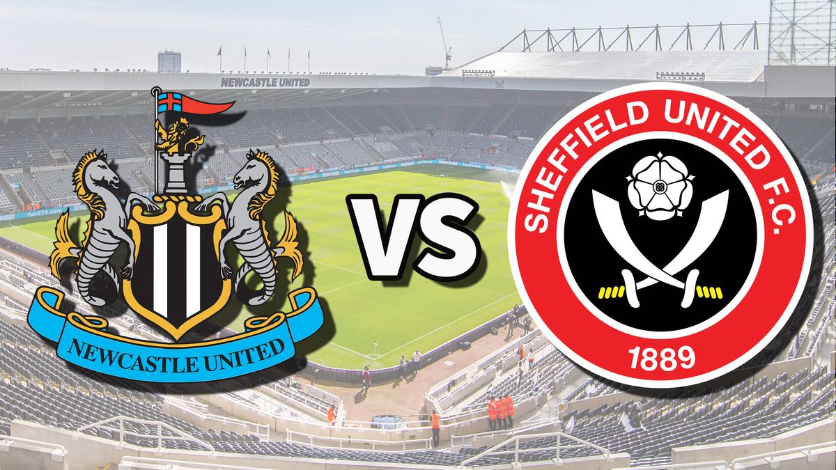 The Newcastle United and Sheffield United club badges on top of a photo of St. James&#039; Park in Newcastle-upon-Tyne, England