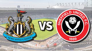 The Newcastle United and Sheffield United club badges on top of a photo of St. James' Park in Newcastle-upon-Tyne, England