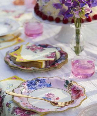 Pretty paper plates with china style prints, napkins and a delicious cake in the background