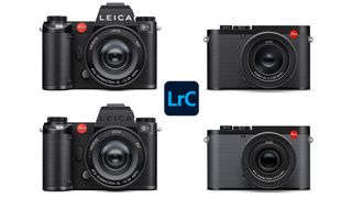 Four Leica cameras with the Lightroom Classic logo in the middle