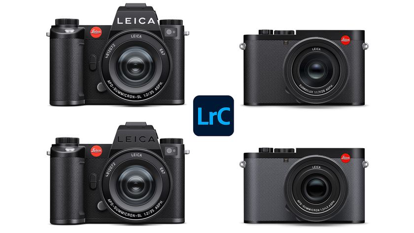 Four Leica cameras with the Lightroom Classic logo in the middle 