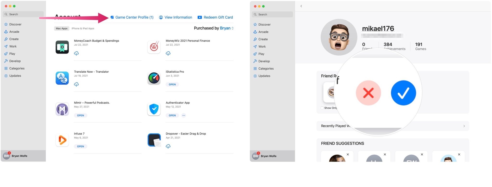 To accept Game Center friend requests on Mac, select Game Center Profile, then click the green check mark next to the person making the request. Click the red X if you rather not.
