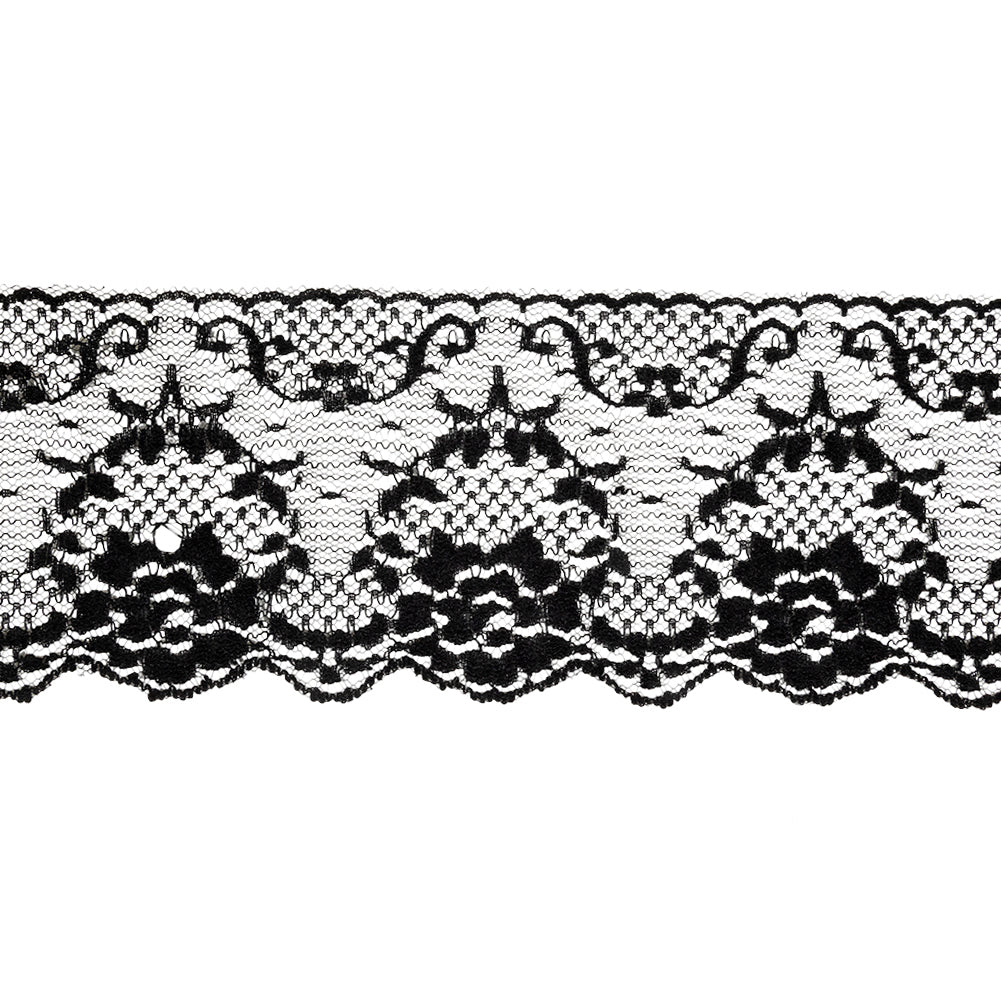 Black Floral Lace Trim With Scalloped Edges - 3.25"
