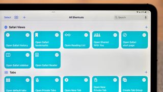 Photo of a subset of the linked shortcuts shown in light blue on an iPad screen.