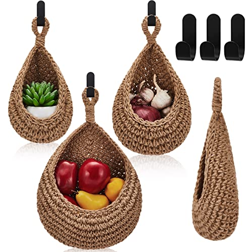 Honeydak Boho Decor Hanging Wall Baskets for Kitchen 3 Pack Teardrop Baskets With Hooks Storage Fruit Onion Vegetable Potato for Home 3 Sizes(linen,teardrop,jute)