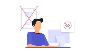 Illustration of a man on a computer with a strike through an eye to symbolise privacy of online documents