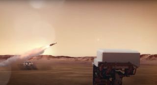 NASA's Perseverance Mars rover watches a rocket carrying some of its collected samples launch from the Red Planet's surface in this still from a NASA/ESA animation.