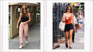 Emily Ratajkowski pictured wearing a black tank top and pink jeans, alongside a 2nd picture of her wearing an orange tank top and black skirt