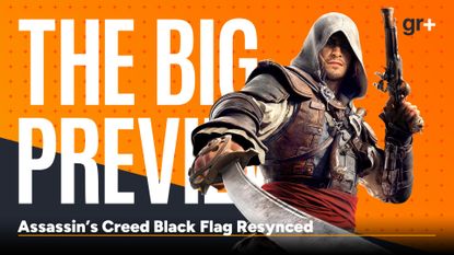 Edward Kenway from Assassin's Creed Black Flag Resynced holds out his pirate sword in front of the GamesRadar+ Big Preview frame
