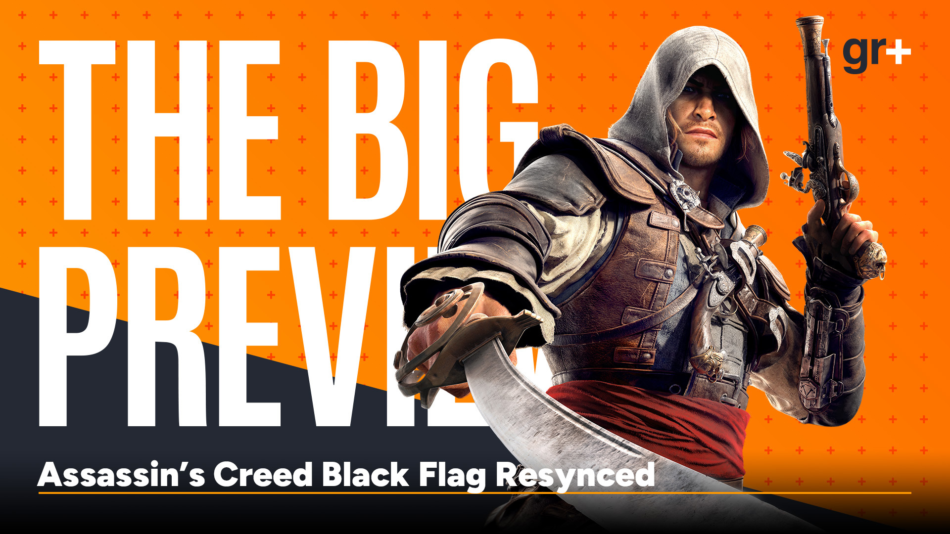 Edward Kenway from Assassin's Creed Black Flag Resynced holds out his pirate sword in front of the GamesRadar+ Big Preview frame