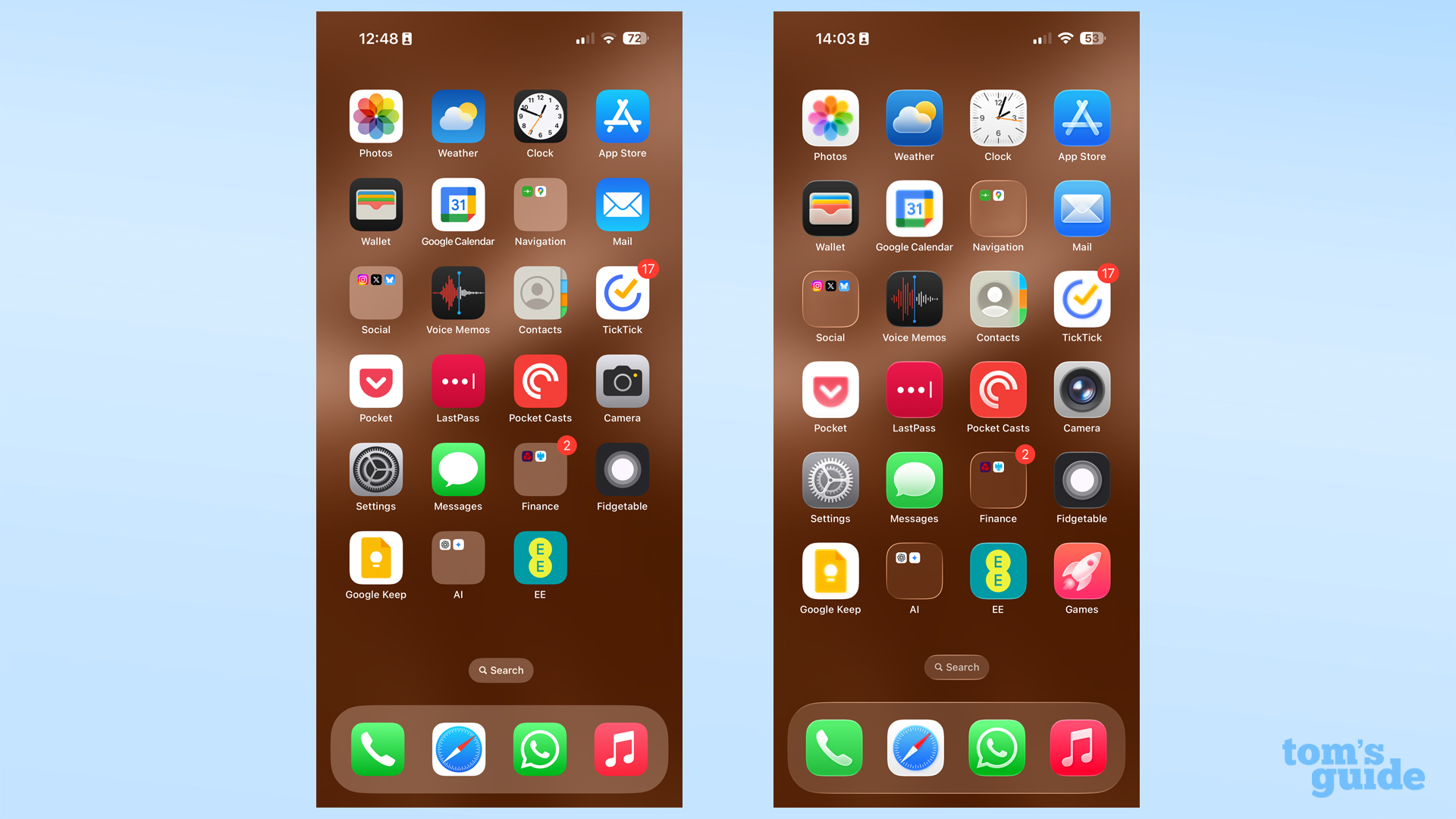 iOS 26 beta home screen (r) vs. iOS 18 home screen