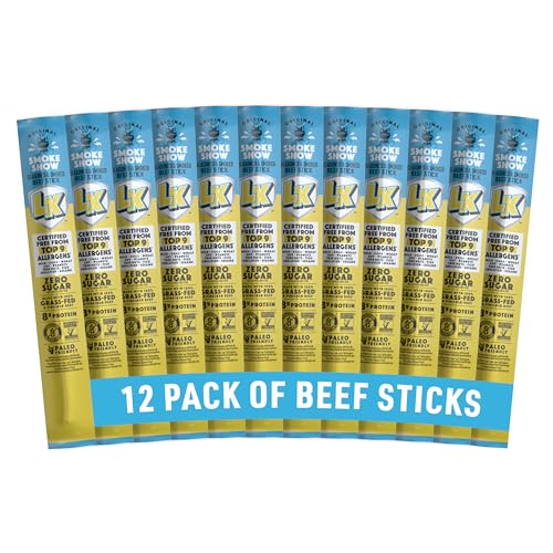 Lorissa&#039;s Kitchen Premium Grass-Fed &amp;amp; Finished Beef Jerky Snack Sticks 12-Pack: Original Smoked Flavor, 8g Protein, Certified Free From Top 9 Allergens, Gluten-Free, Non-Gmo, Zero Sugar, Keto, Paleo