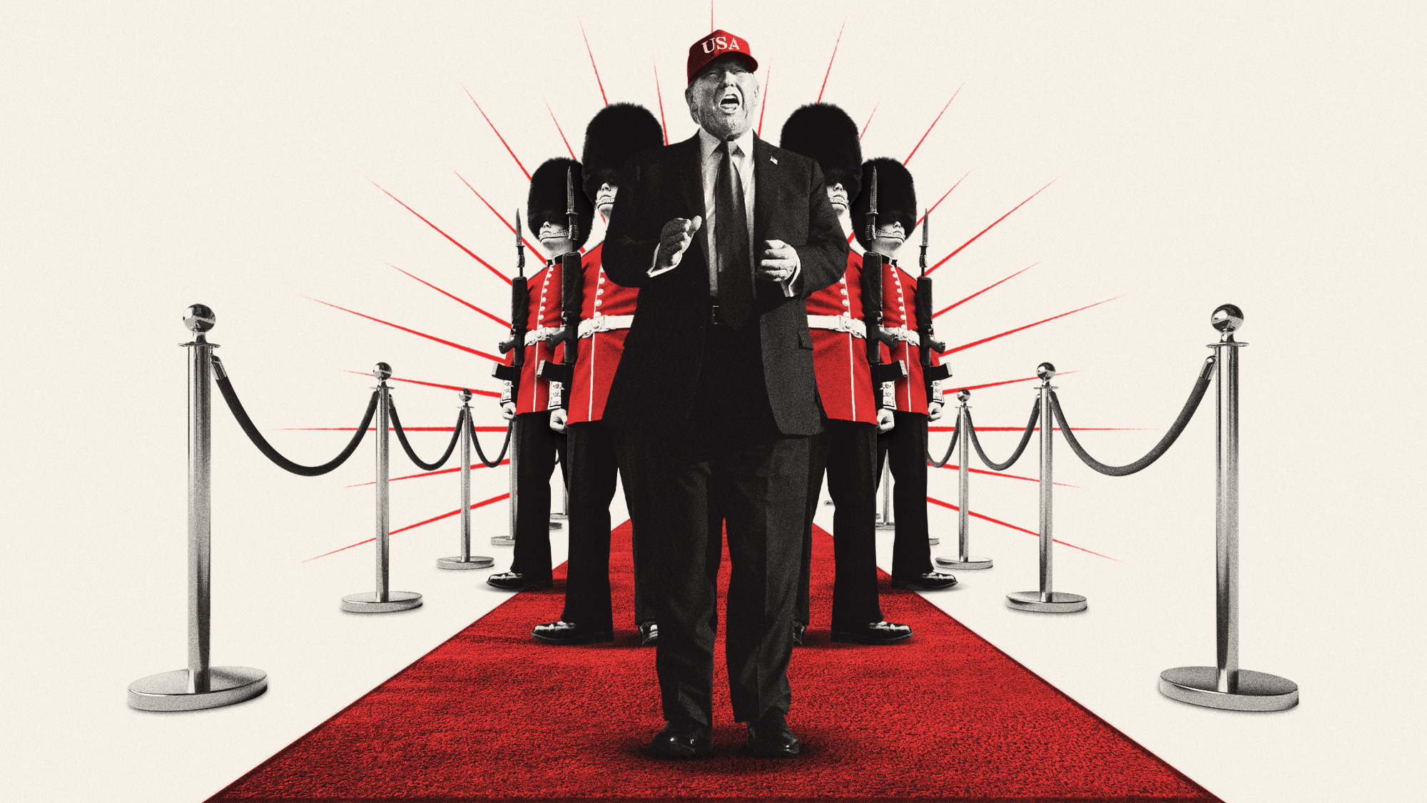 Photo composite illustration of Donald Trump walking a red carpet flanked by Grenadier Guardsmen
