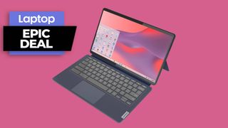 Lenovo IdeaPad Duet 5 Chromebook against a pink background