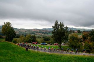 The pack rides on the Perticara hill during the 12th stage of the Giro dItalia 2020 cycling race a 204kilometers route between Cesenatico and Cesenatico on October 15 2020 Photo by Luca Bettini AFP Photo by LUCA BETTINIAFP via Getty Images