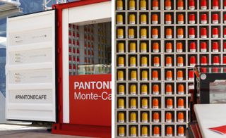 The shipping container doors open to reveal an internal feature of gradient hued cans, from sunny yellow through to tangerine and Monte Carlo red