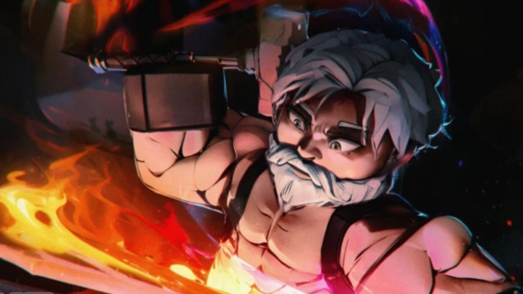 A Roblox character with white hair and a beard uses a hammer to smelt a flaming sword