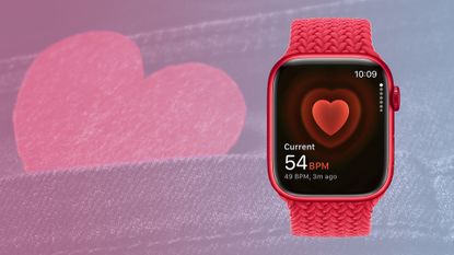 Red Apple Watch Series 8 against background with heart