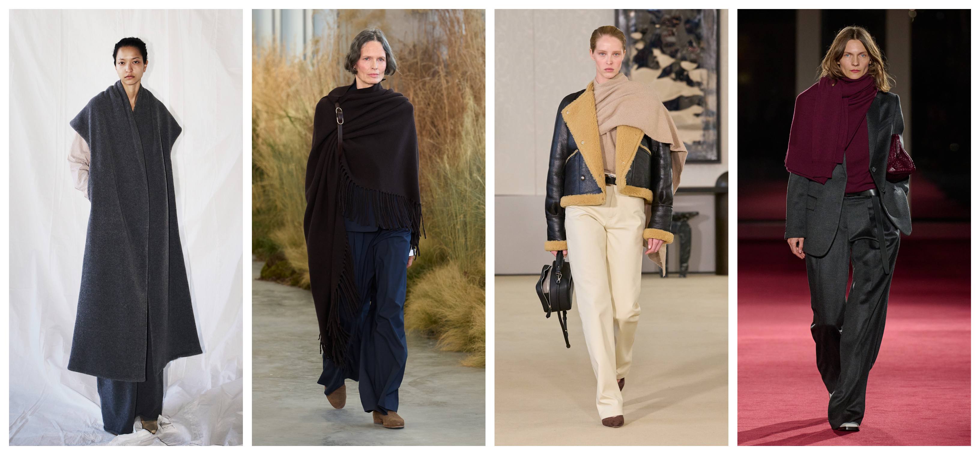 models wearing wrap coats and shawls at Colleen Allen, TWP, Altuzarra, and Michael Kors