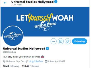 Universal Studios Hollywood Twitter Bio
