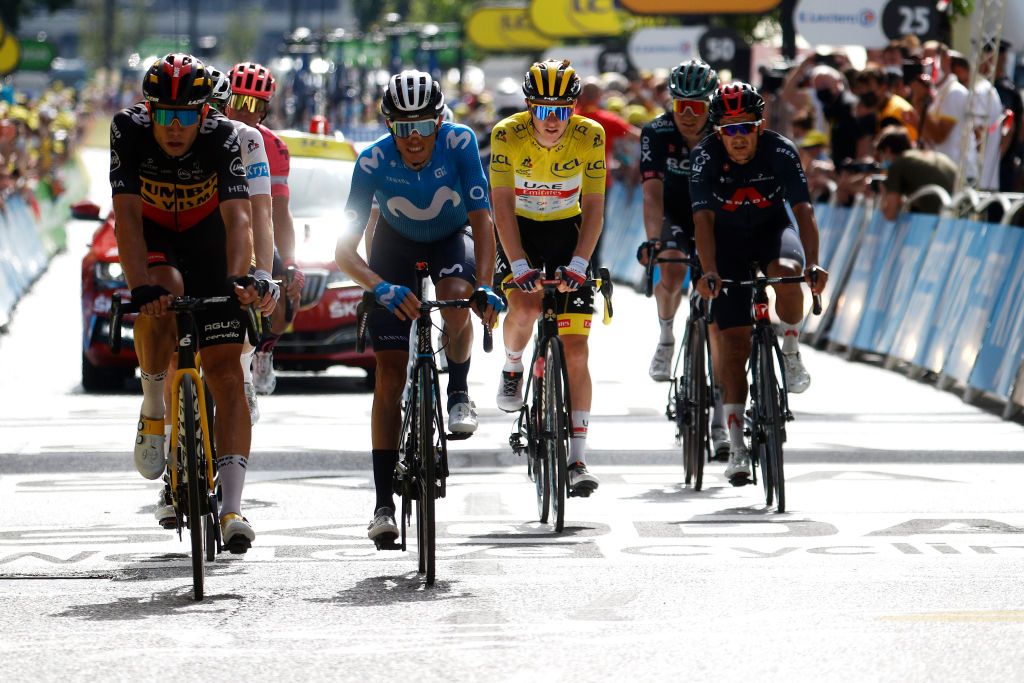 ANDORRELAVIEILLE ANDORRA JULY 11 Wout Van Aert of Belgium and Team JumboVisma Enric Mas of Spain and Movistar Team Tadej Pogaar of Slovenia and UAETeam Emirates yellow leader jersey Micha Kwiatkowski of Poland and Team INEOS Grenadiers at arrival during the 108th Tour de France 2021 Stage 15 a 1913km stage from Cret to AndorrelaVieille LeTour TDF2021 on July 11 2021 in AndorrelaVieille Andorra Photo by Chris GraythenGetty Images