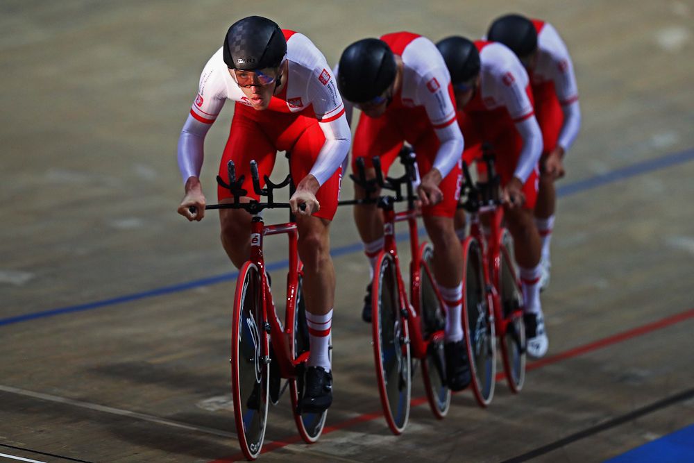 Adrian Kaiser, Szymon Krawczyk, Bartosz Rudyk and Szymon Sajnok of Poland compete in the men's pursuit qualifying on day one of the UCI Track Cycling World Championships