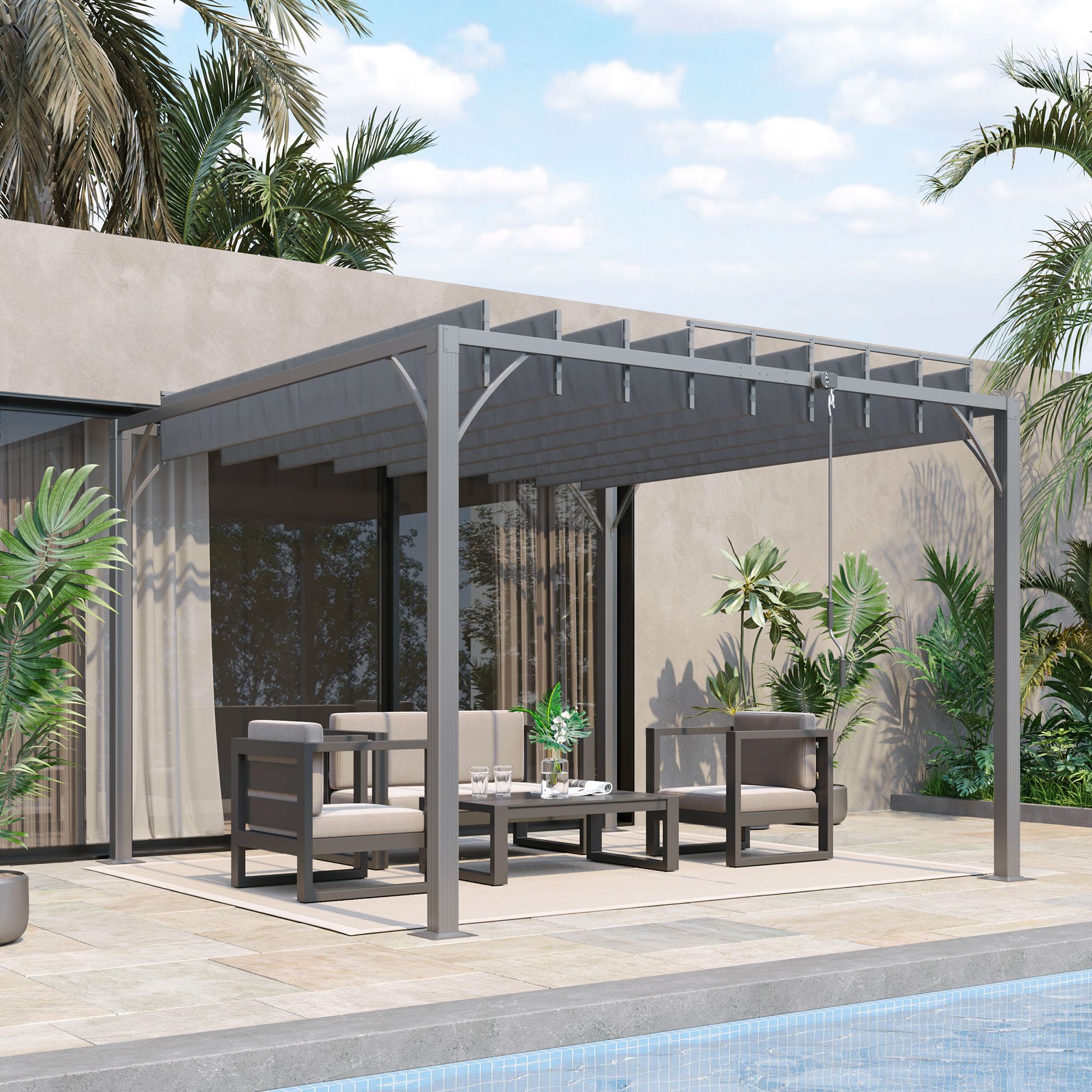 3 X 3(m) Outdoor Louvered Metal Pergola With Retractable Roof, Grey