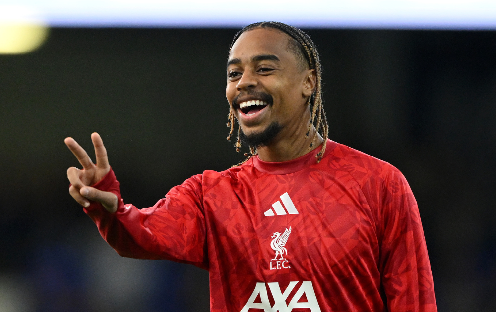 Bradley Barcola of Liverpool reacts during the warm up before the Premier League 2026/27 match between Ipswich Town and Liverpool FC at Portman Road