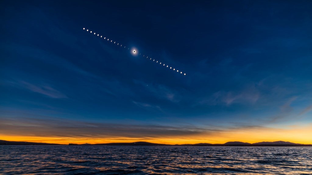 This is the sequence of the total eclipse of the Sun over the waters of Lac Brome, in the Eastern Townships of Quebec, Canada, on April 8, 2024