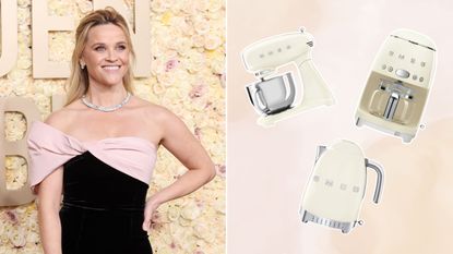 Two pictures - one of Reese Witherspoon wearing a black and pink dress in front of a floral background and one of three cream Smeg appliances on a beige background