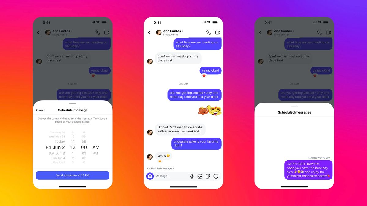 Three screenshots on a rainbow gradient background show the new direct message scheduling tool in Instagram