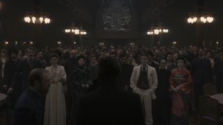 The whole crew of the Kerberos stand in its main area in Netflix's 1899 TV series