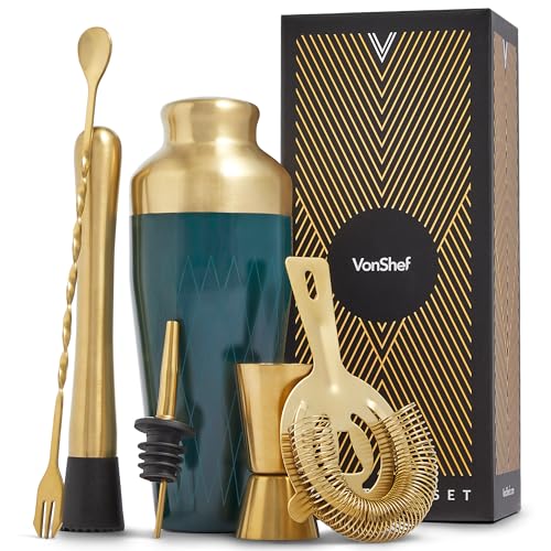 Vonshef Cocktail Shaker Set, Gold &amp;amp; Green 6pc Set With Parisian Cocktail Shaker, Bartender Kit W/ Strainer, Muddler, Jigger &amp;amp; More, Gift Box Included