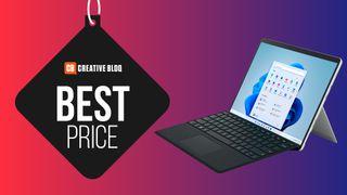 The Surface Pro 8 with keyboard next to a tag with the text Best Price. 