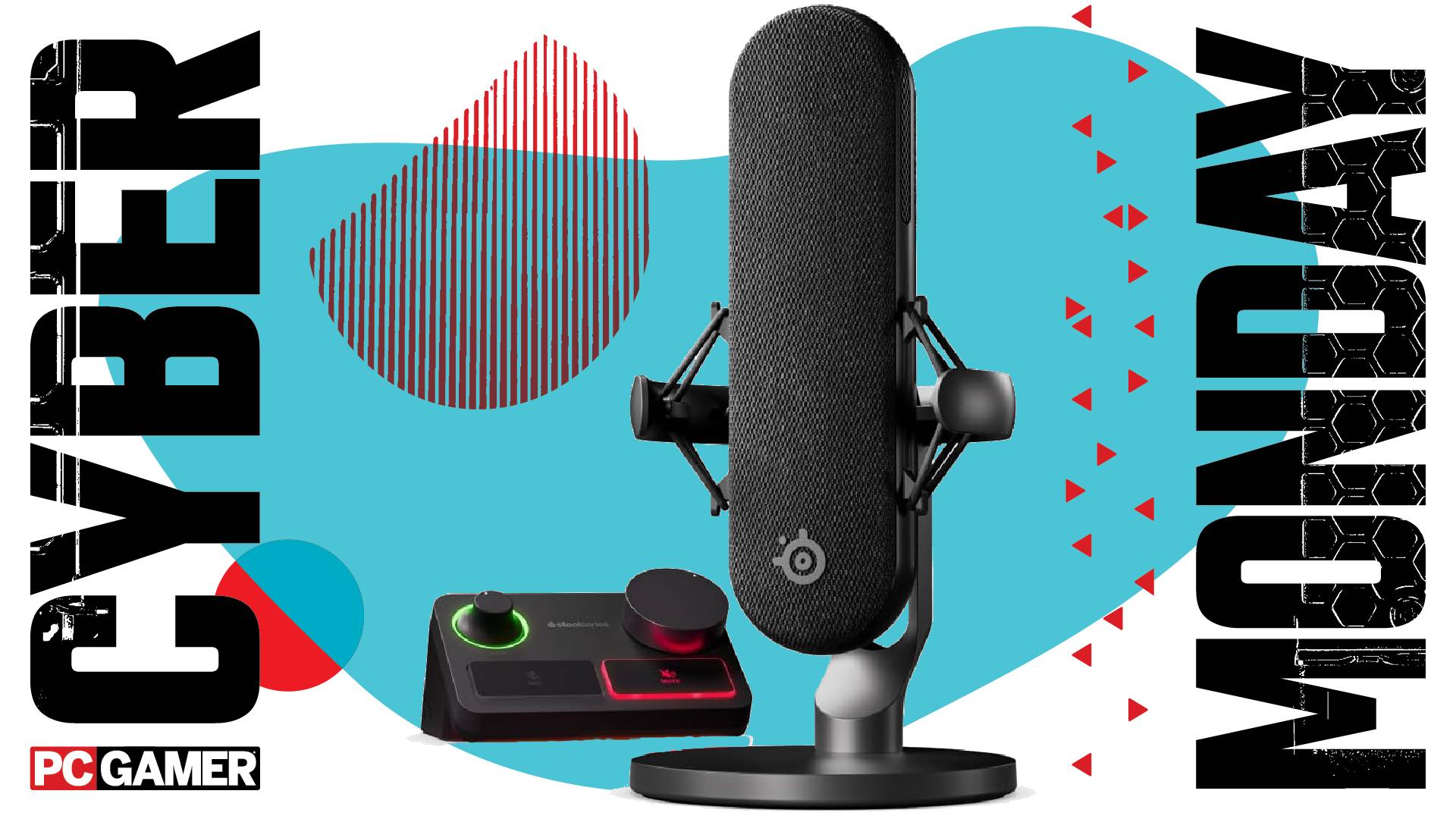 A SteelSeries Alias Pro mic kit on a Cyber Monday background