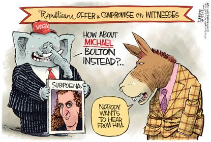 Political Cartoon U.S. John R. Bolton Republicans Democrats Michael Bolton impeachment senate trial subpeona