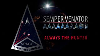 a graphic showing a triangular badge in front of earth behind the words "semper venator: always the hunter"