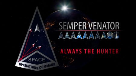 a graphic showing a triangular badge in front of earth behind the words "semper venator: always the hunter"